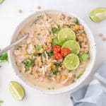 overhead bowl of slow cooker white chicken chili