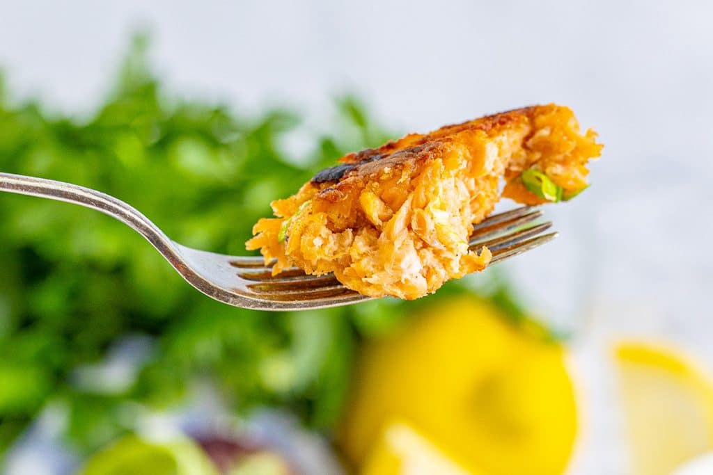 salmon cake on a fork