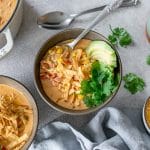 overhead shot of chicken taco soup in bowl