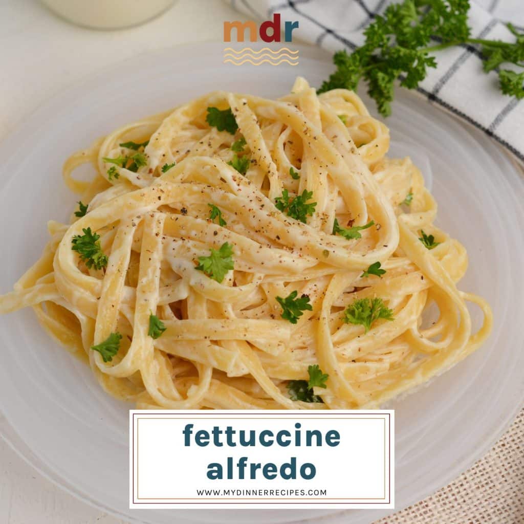 plate of fettuccine alfredo with text overlay for facebook