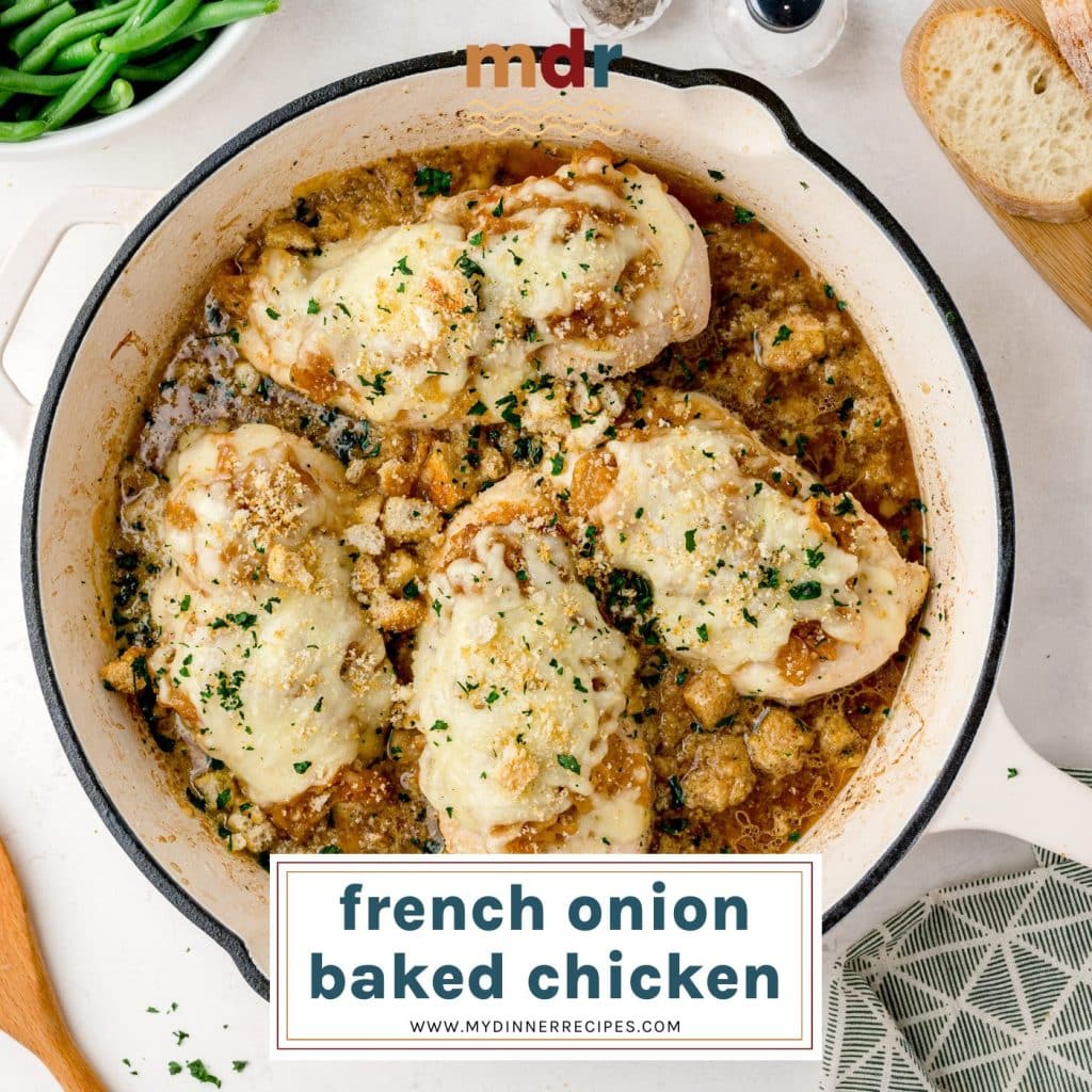 overhead shot of baked french onion chicken with text overlay for facebook