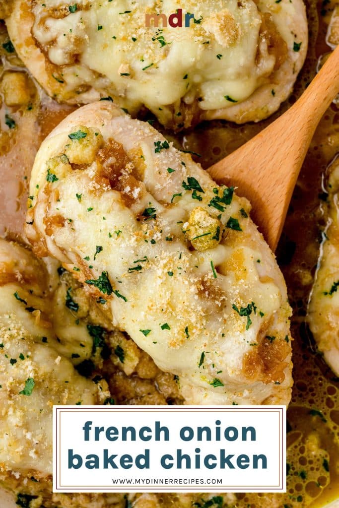 french onion chicken bake on a wooden spoon with text overlay for pinterest