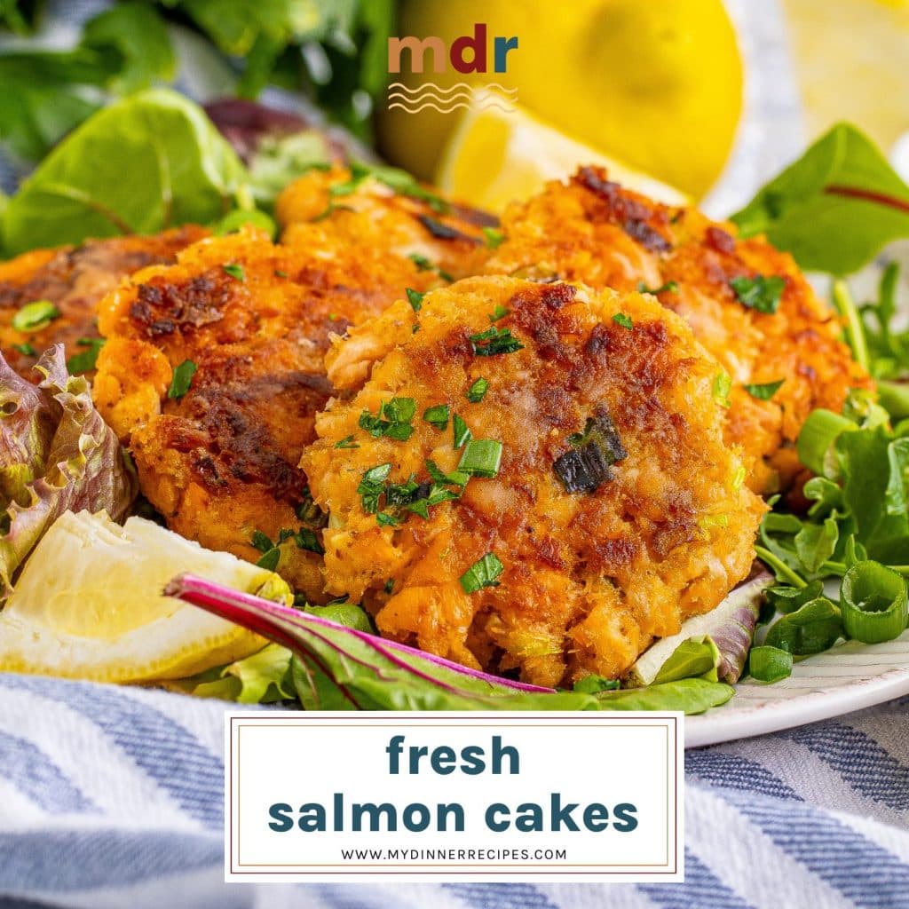 plate of fresh salmon cakes with text overlay for facebook