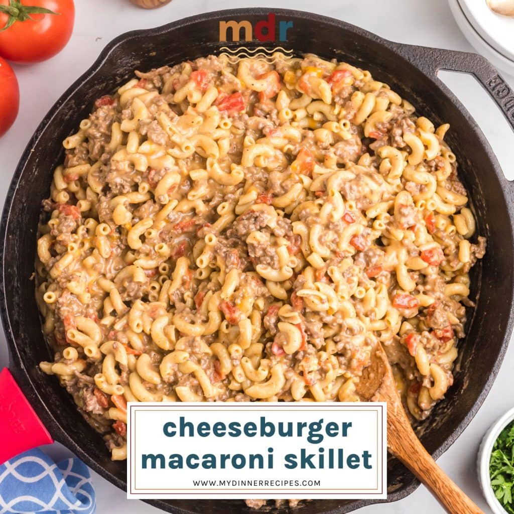 overhead shot of hamburger helper in skillet with text overlay for facebook