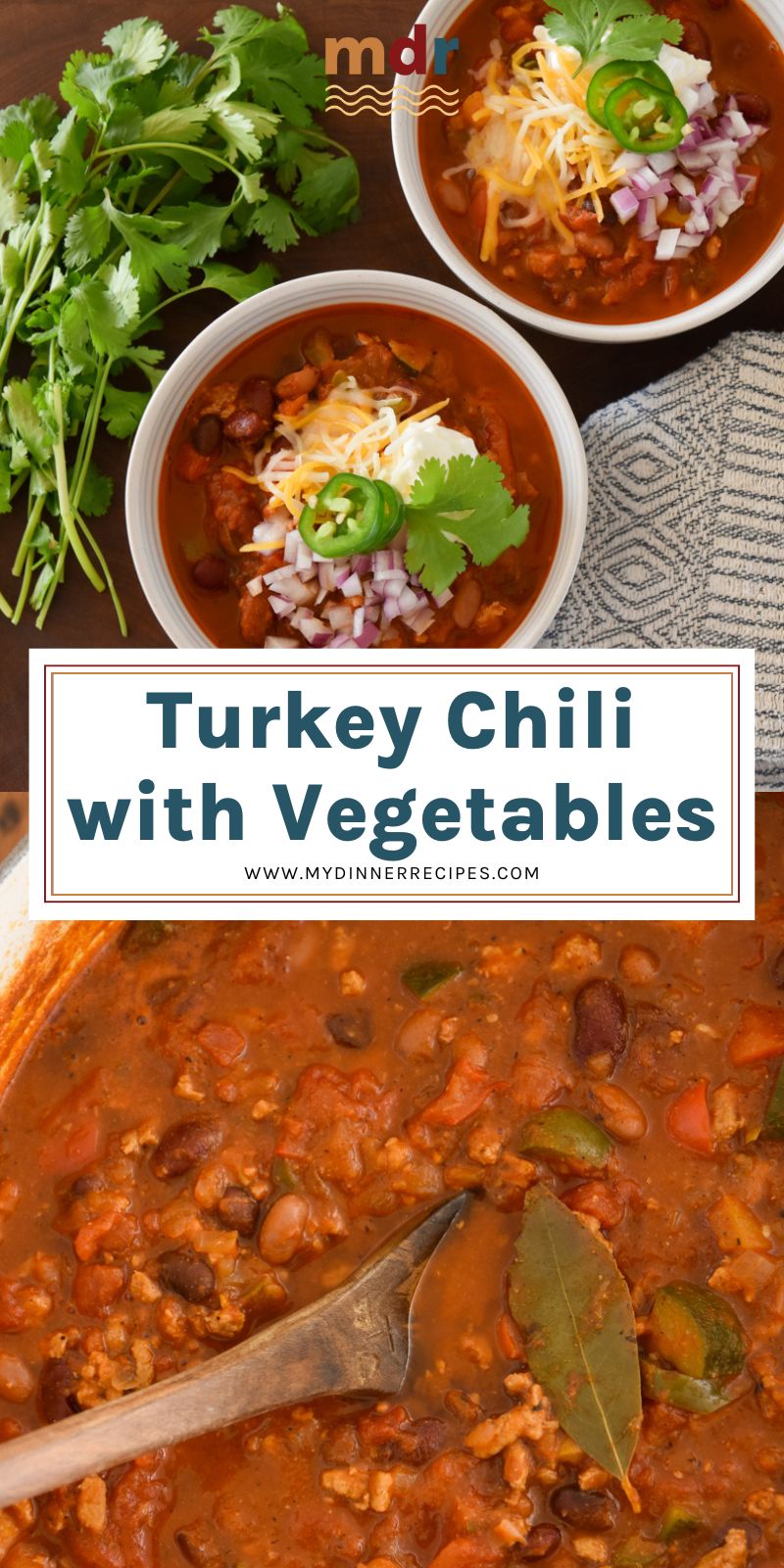 two bowls of turkey chili with vegetables and a pot of turkey chili with vegetables and a spoon