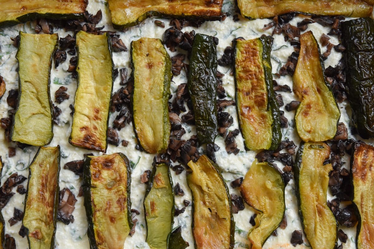 Ricotta cheese mixture topped with roasted portobello mushrooms and roasted zucchini. 