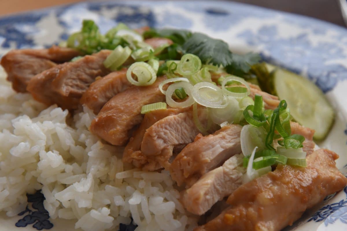 Miso chicken on rice with scallions