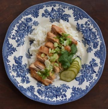 Miso chicken on a plate with scallions, pickles, rice and cilantro