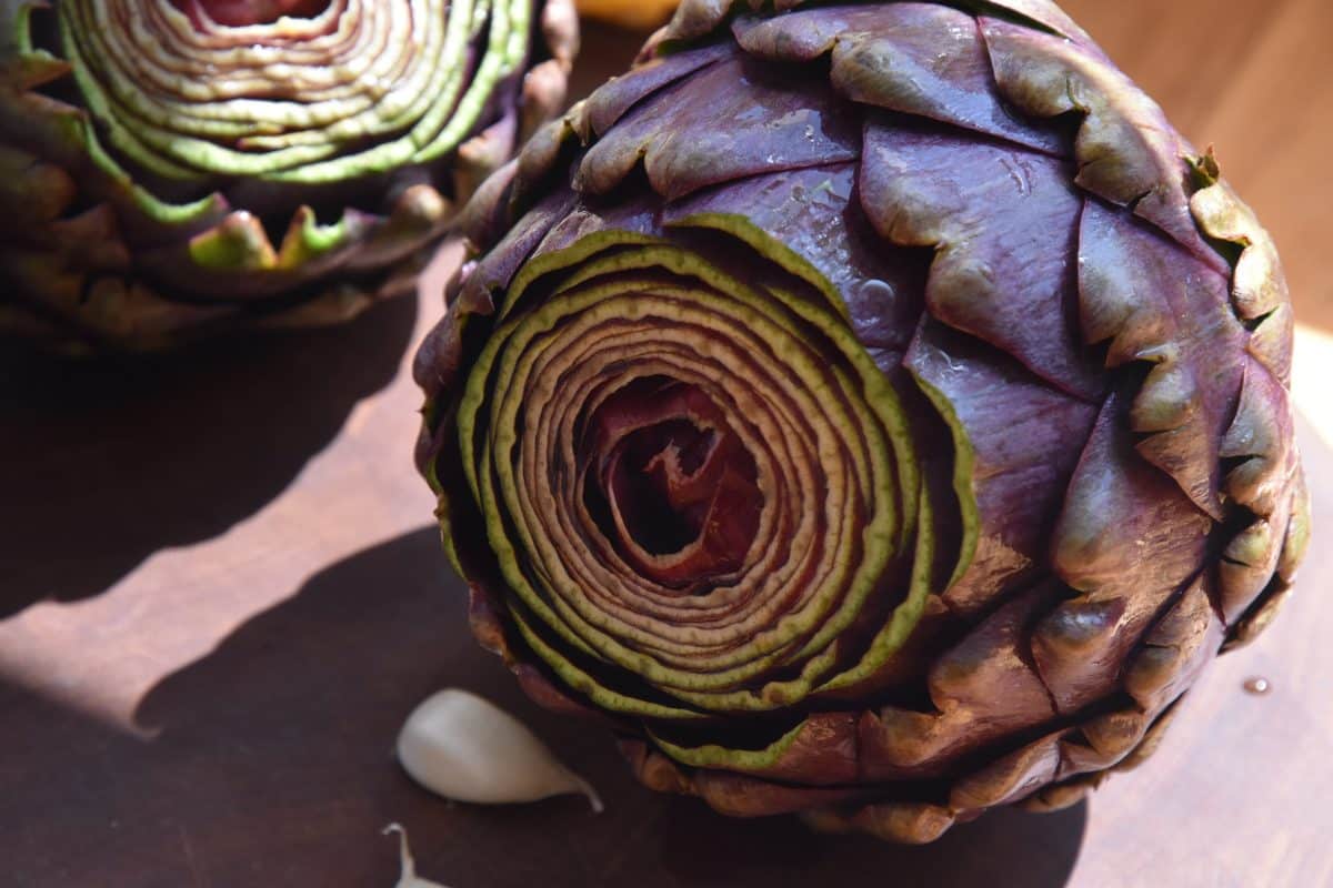 Whole artichoke prepped and ready to steam.