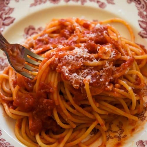 fork digging into spaghetti marinara on a plate