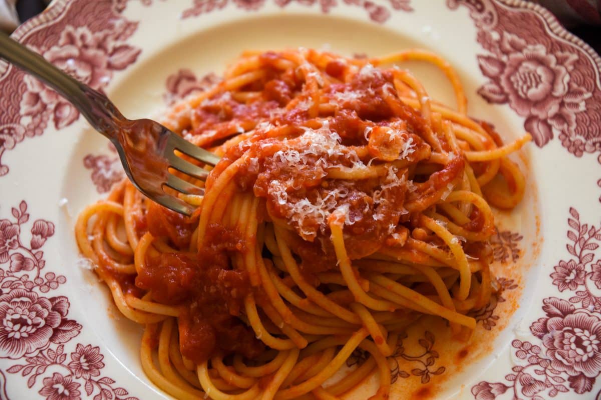 fork digging into spaghetti marinara topped with fresh parmesan cheese on a plate