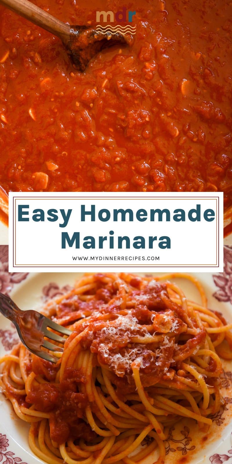 top image: dutch oven filled with easy homemade marinara
bottom image: plate of spaghetti marinara with a fork digging in