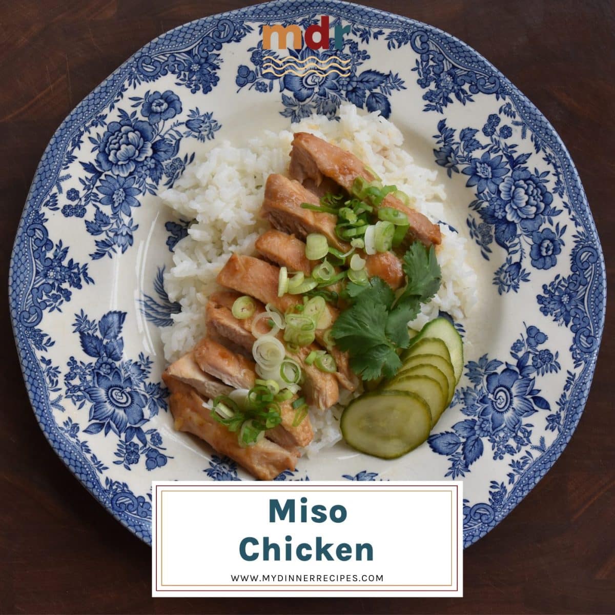 Miso chicken on a plate with rice, scallions, cilantro, and pickles. 
