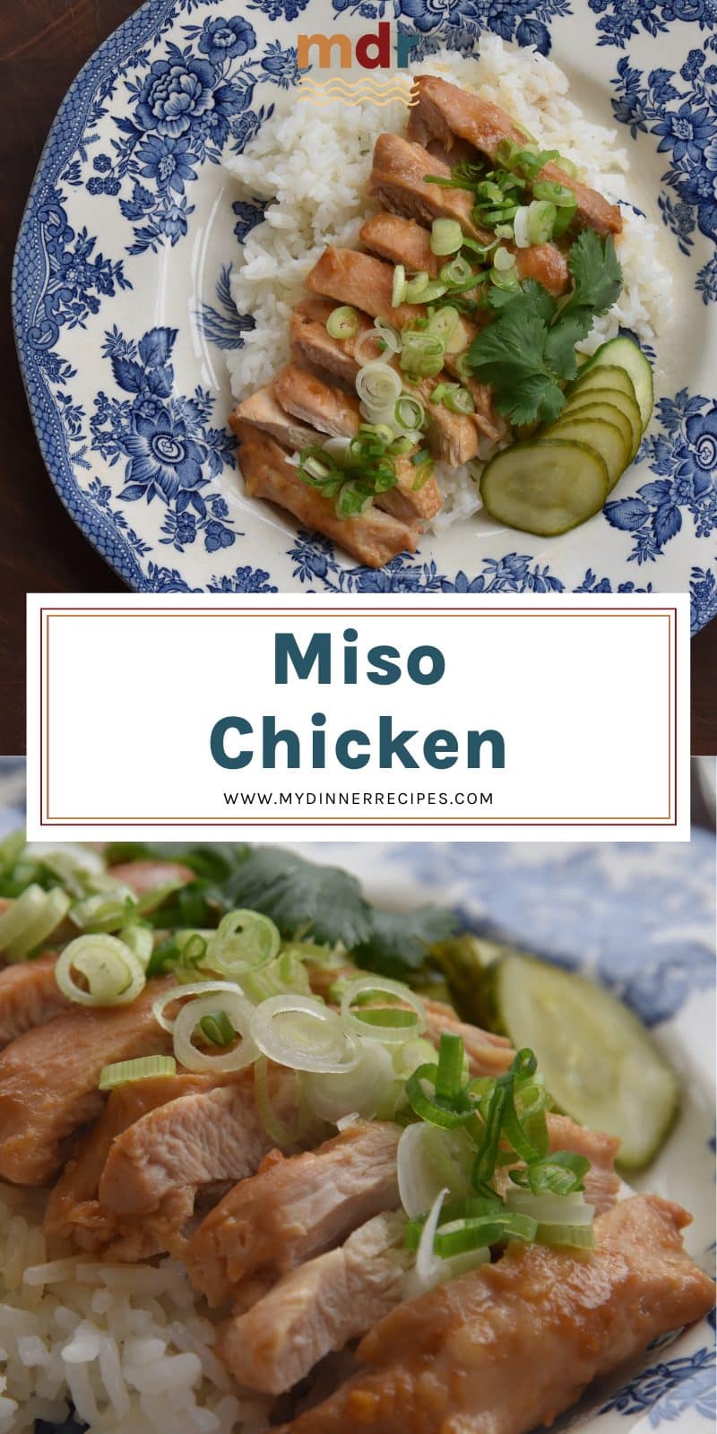 plate of miso chicken with scallions, cilantro, pickles over a bed of rice.